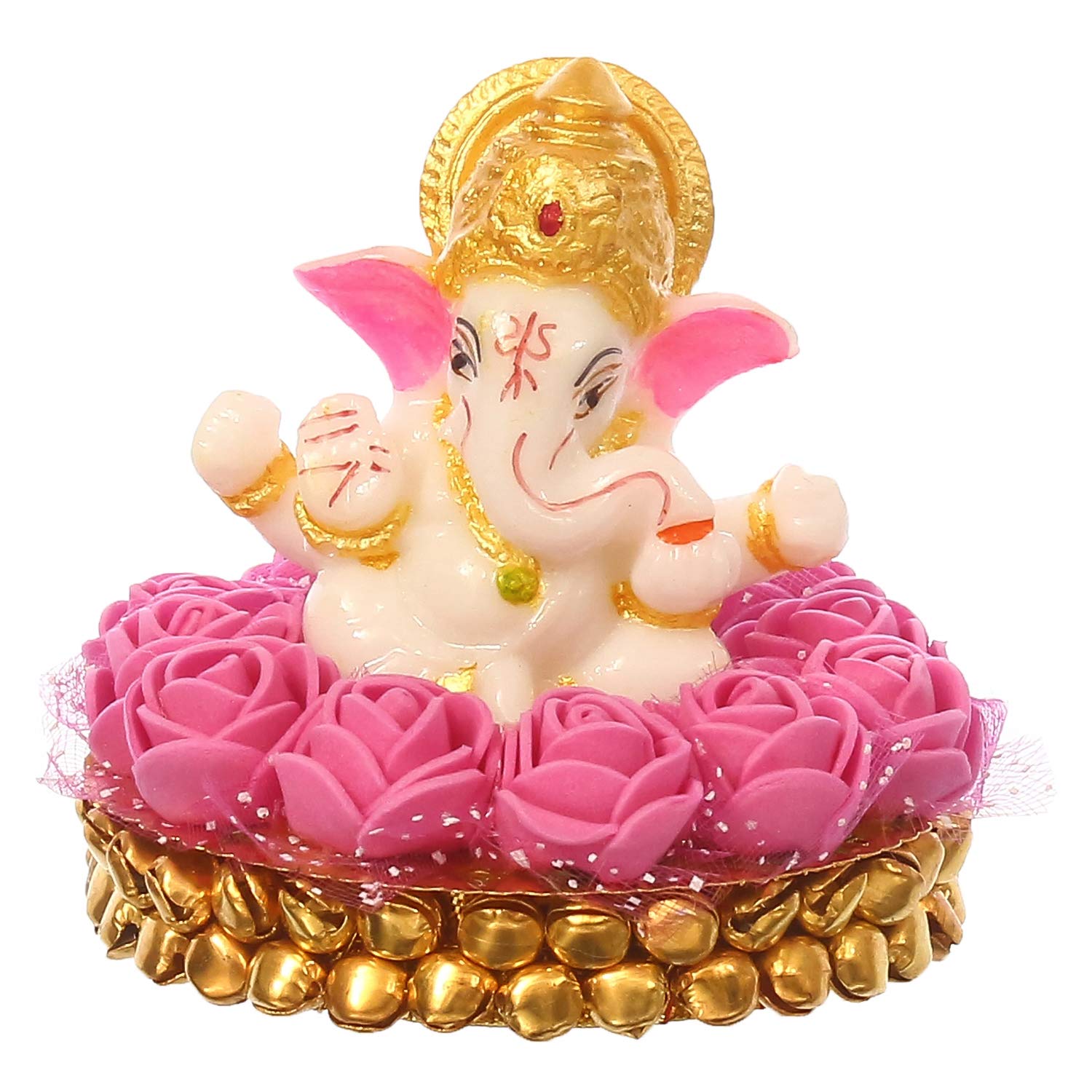 Ecraftindia Lord Ganesha Idol On Decorative Handcrafted Plate With Pink Flowers